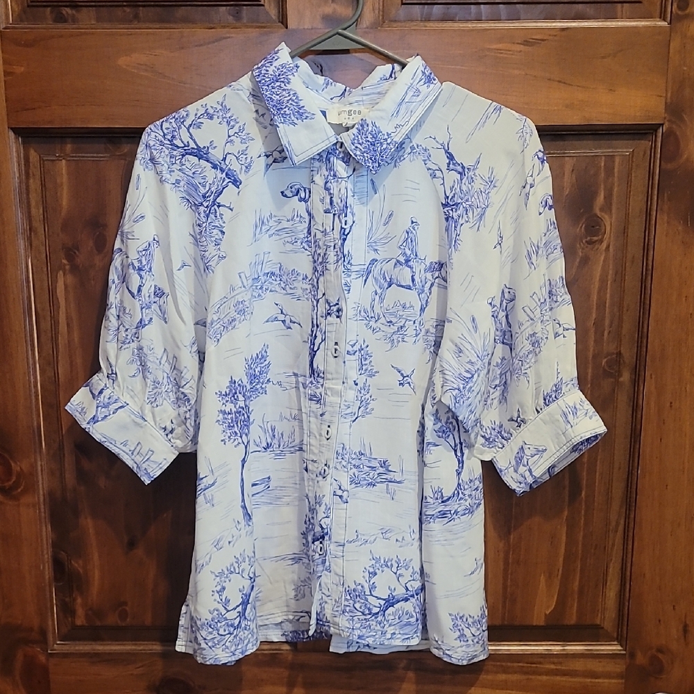 Umgee Blue and White Button Down Blouse